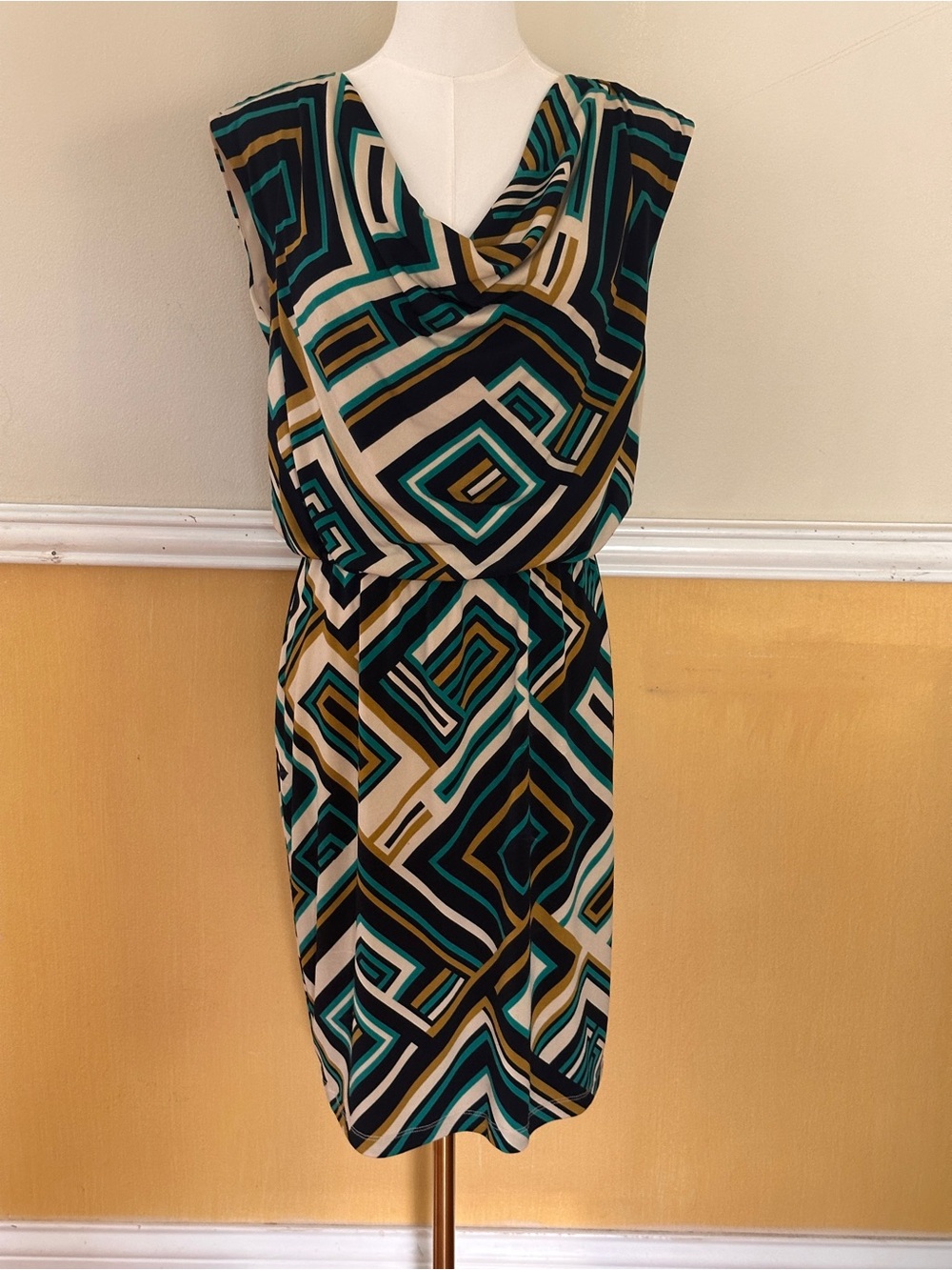 Eliza J Geometric Cowl Neck Dress in Teal, Black & Cream